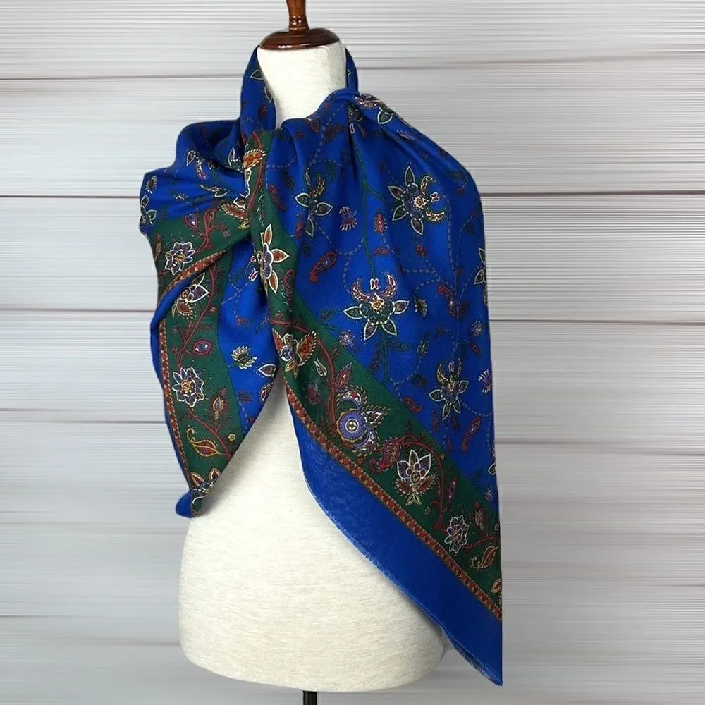 NWOT Creation Francaise Vintage Big Square Royal Blue Floral Scarf Shawl Wrap